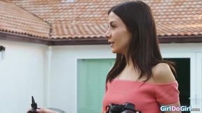 Lesbian BFFs enjoy a horny kiss during photoshoot