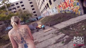 German Blonde Babe drives Naked Through the City + Public Fuck