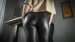 Secretary In Tight Leather Pants Visible Panty Line Tease