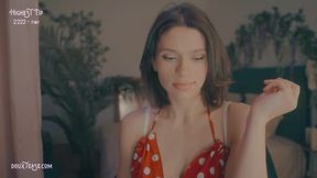 Sexy brunette camgirl teasing in red bikini and in lingerie