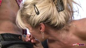 Four mature girls finger and lick each other before two guys join and DP them