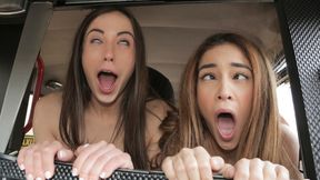 ”2 Teen Nymphoes go Backseat Ahegao in Taxi”