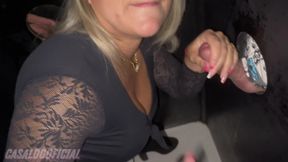 I went to Gloryhole, sucked a gifted guy and gave it horny while others touched me and my husband watched everything!