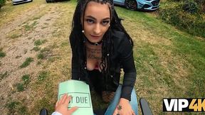 Tattooed Pierced Nipple Brunette Begs Strangers for Woods Fuck