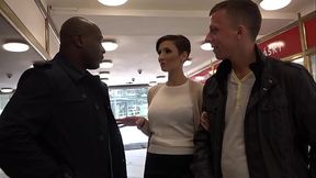 A short-haired bitch realizes her dirty fantasy as her husband-faggot eats an anal creampie after she was ass fucked by a strange Black man