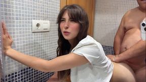 Creampie In My Hairy Pussy, My Stepfather Fills Me With Semen In The Bathroom While His Friends Are In The Living Room