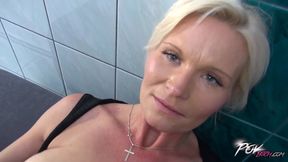 Hot MILF provokes a guy with short skirt and maid uniform