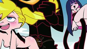 Panty and stocking anime heroines have a wild sex with a tentacle monster