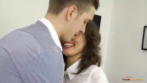 Brunette secretary is having some wet fun with two