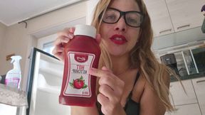 A hot blonde without tatoo likes cooking for you in lingerie and naked