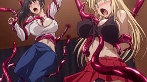 The women are stripped naked by tentacles and penetrated into all of their holes, resulting in creampies.