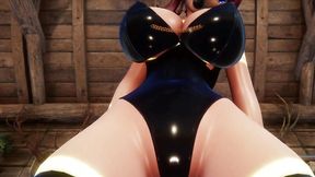 Hentai Vtuber Elfie Love squirts w/ dildo in black latex suit and ball gag (3D / VRCHAT / MMD)