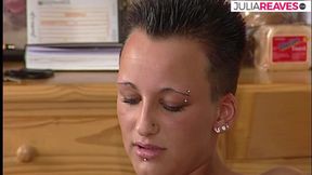 Sexy tomboy gags on a huge cock after getting finger fucked