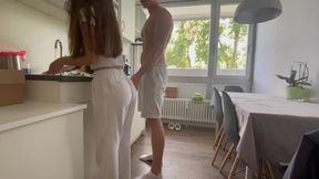 Amateur teen with perfect body rides rough pounding in the kitchen