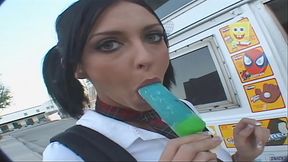 While giving the ice cream man and upskirt of her panties as she sits in the back of his...
