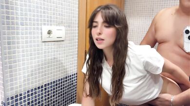 Creampie in my hairy pussy, my stepfather fills me with semen in the bathroom while his friends are in the living room