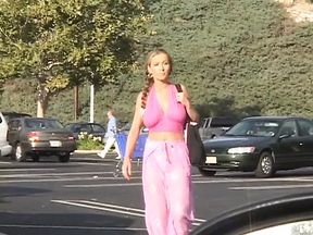 Busty slut strips then sucks and takes dude's massive dick on couch