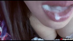 Horny Thai Asian sexy eyes scuk her husband cock in car public before swallow in her mouth POV