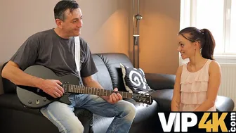 Older man teaches petite Romanian teen more than guitar on the couch