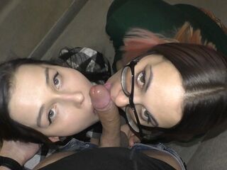 Amateur Threesome blowjob in the entrance - Public double blowjob POV