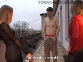 Two Dominant Goddesses Humiliate Their Skinny Foot Slave On The Balcony