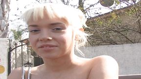 Fresh-faced blonde teen swallows cock