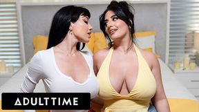 ADULT TIME - Busty Lesbians Sarah Arabic &amp; Little Puck Oil Up Big Titties For SLOPPY LESBIAN FUCK!