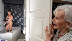 70yo granny joined to bath with her muscled toyboy