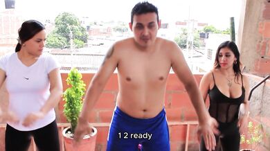 threesome~stepsisters fuck personal trainer in public~cum in their mouths~pov~big ass~busty