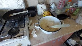 Sexy mom prepares breakfast, hairy pussy, big tits.