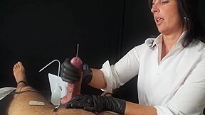 The Uretha Dilalation :: Brunette domina uses strapon and electrodes during hardcore fuck session