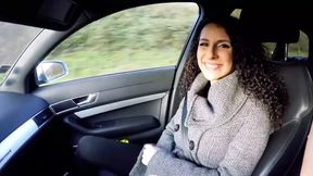 Stunning looking German babe riding a long rod in the car