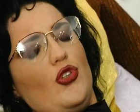 Wild German MILF eating cum over her sexy black fishnets