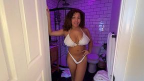 Perfect curly Ebony MILF fucks my cock with her big tits while we are in Jacuzzi
