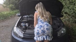 Stranger caught girl with car breakdown and helps with car repairs for an ass fuck