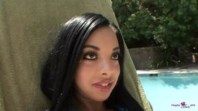 Catching the brunette rubbing her ebony clit leads to his big white cock pounding her