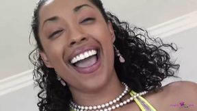 Charismatic Black Cutie Obliges to Ride White Big Cock in Reverse Cowgirl Position