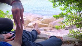 Handjob surprise ejaculation on the beach