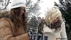 Snowed-in girlfriends eat each other's pussy and fuck hornyly