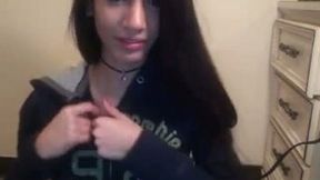 Extremely seductive brunette chick with fantastic body exposes her beautiful tits