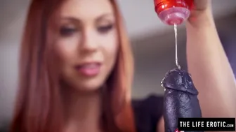 Fiery Redhead Ornella Morgan Rides Massive Ebony Toy in Stockings