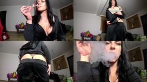 Velvet Tracksuit Tease - Smoking, Big Tits &amp; Black Thong Flash