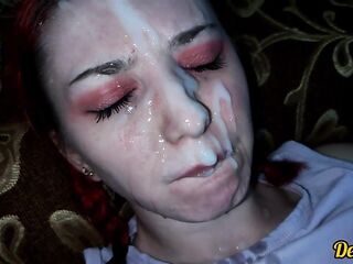 compilation of cum shots on the face of a cute gal with red hair and glasses