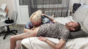 Mother-in-law swallows cum after deep blowjob