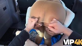 Hot Ebony babe in ripped pantyhose rides my cock in a van to get money to pay the rent