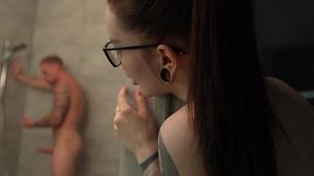 Hot chick saw him masturbating and hopped in the shower with him