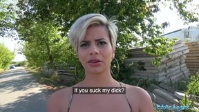 Busty MILF gives sloppy blowjob in public