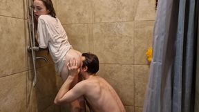 Slim russian allows neighbor to fuck her in shower