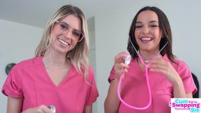 Two nurses decided to check their stepbrother's cock with a threesome