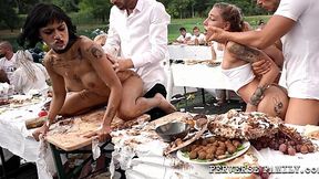 Birthday dirty step-family orgy on food tables